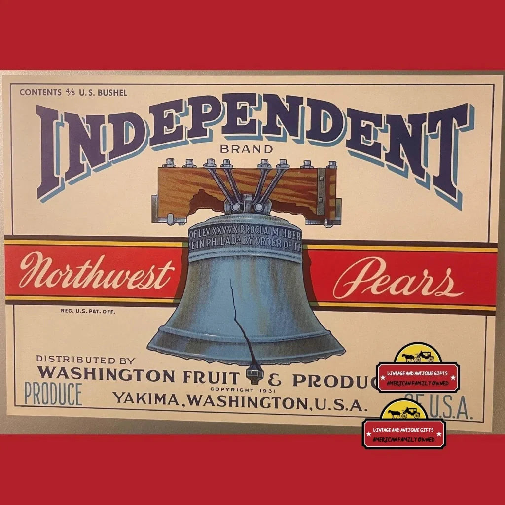 Vintage crate label for Independent Brand Northwest Pears with Liberty Bell design