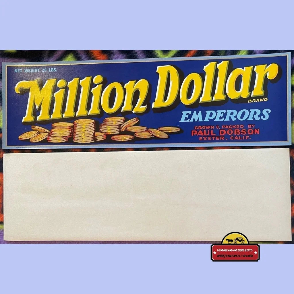 Vintage Million Dollar crate label featuring bright yellow text and gold coin graphics