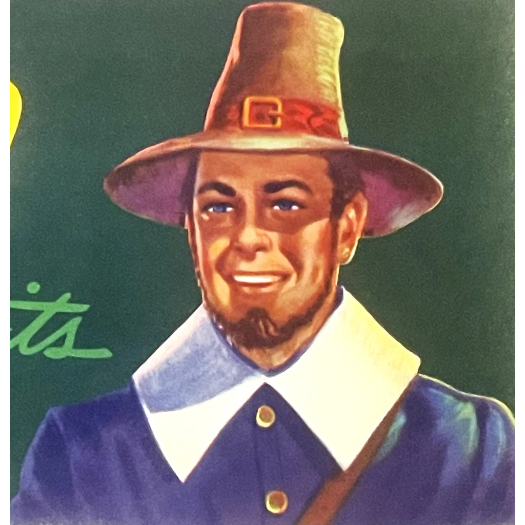 Smiling man in a tall hat and blue coat featured on a 1940s pilgrim crate label