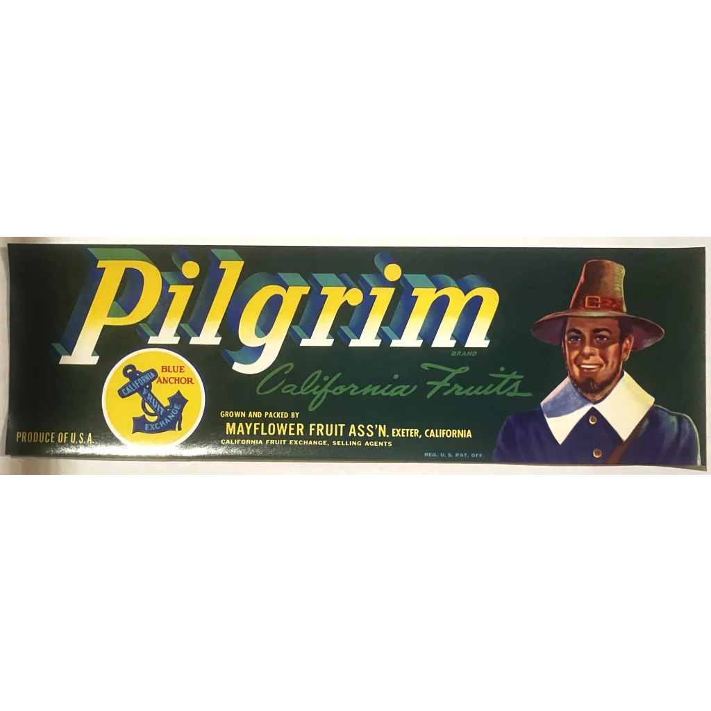 Vintage 1940s Pilgrim Crate Label showcasing a quirky pilgrim character in vibrant colors