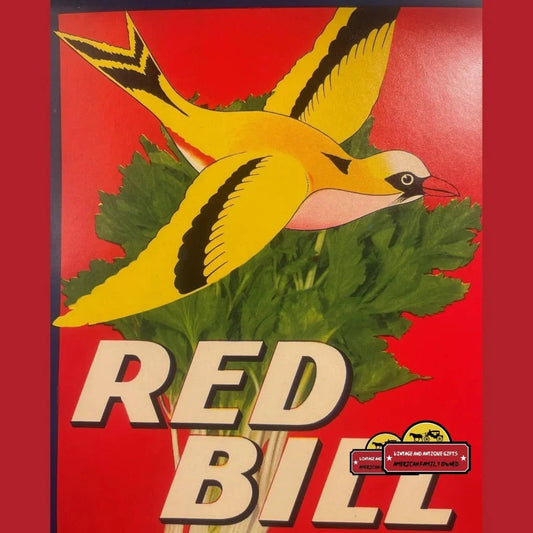 Vintage crate label featuring a yellow bird and Red Bill text, perfect for antique gifts