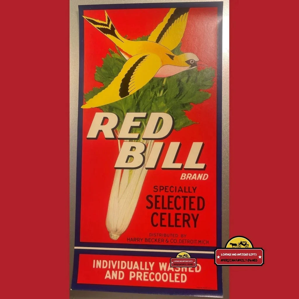 Vintage Red Bill celery crate label art with a yellow bird, perfect antique gifts