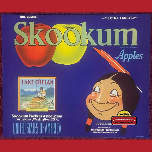 Vintage Skookum Lake Chelan fruit crate label with cartoon Native American and vibrant apples