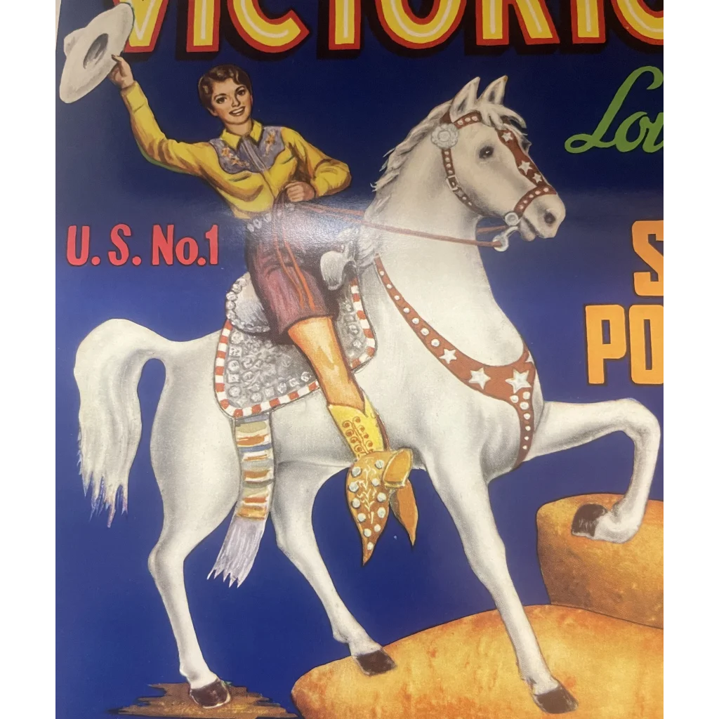 Antique Vintage 1940s Victorious Crate Label Sunset LA Amazing Cowgirl! Advertisements Food and Home Misc. Memorabilia