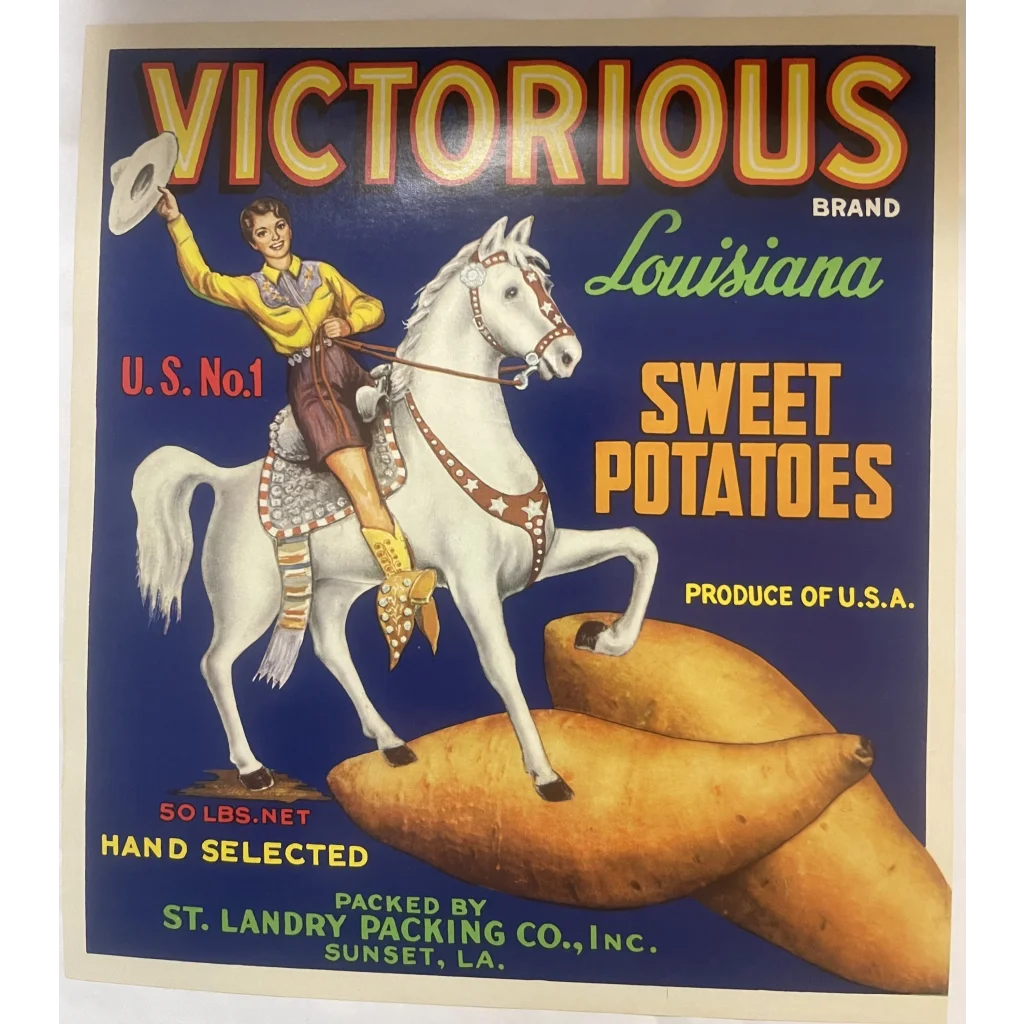 Antique Vintage 1940s Victorious Crate Label Sunset LA Amazing Cowgirl! Advertisements Food and Home Misc. Memorabilia