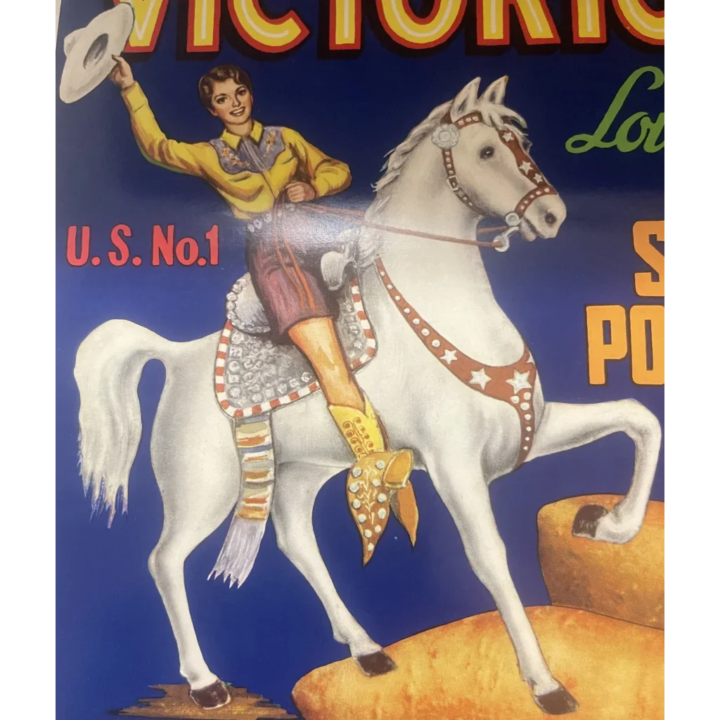 Antique Vintage 1940s Victorious Crate Label Sunset LA Amazing Cowgirl! Advertisements Stunning Label: