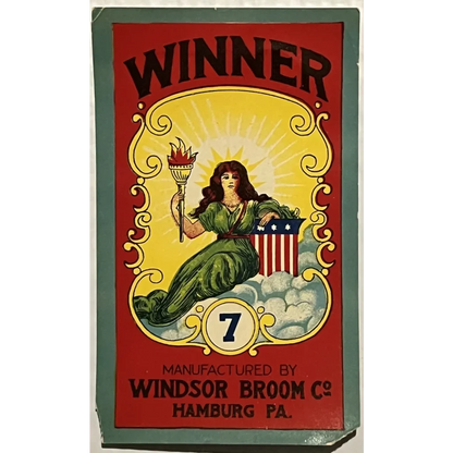 Vintage Windsor Broom Co. poster shows a patriotic female with a Winner Broom label