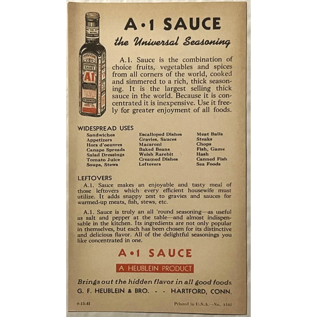 Antique Vintage 1941 A1 Sauce Recipe Pamphlet Hartford CT Amazing Americana! Advertisements Food and Home Misc.