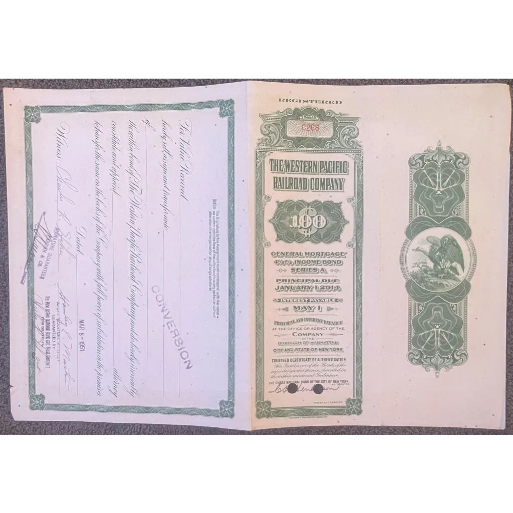 Rare Western Pacific Railroad bond certificate from 1945, a vintage treasure