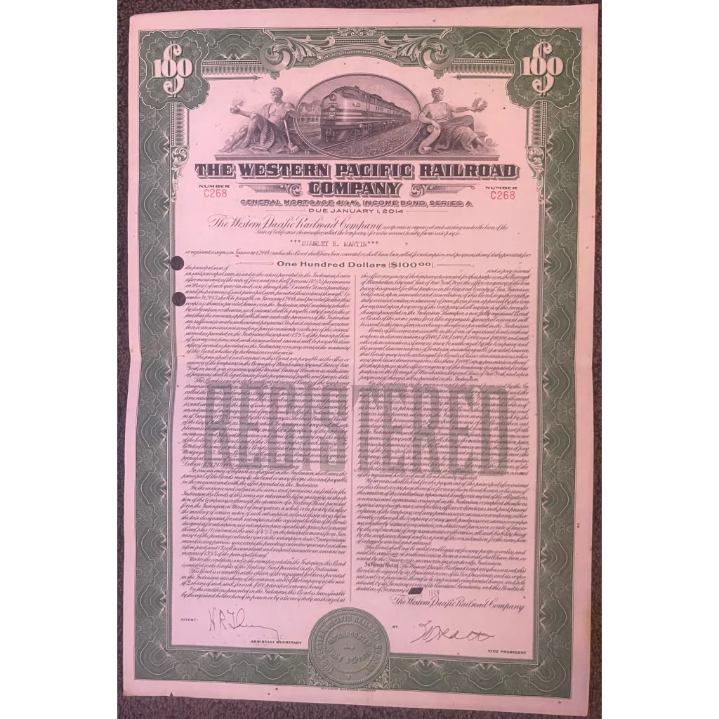 Rare 1945 Western Pacific Railroad bond certificate with REGISTERED marking