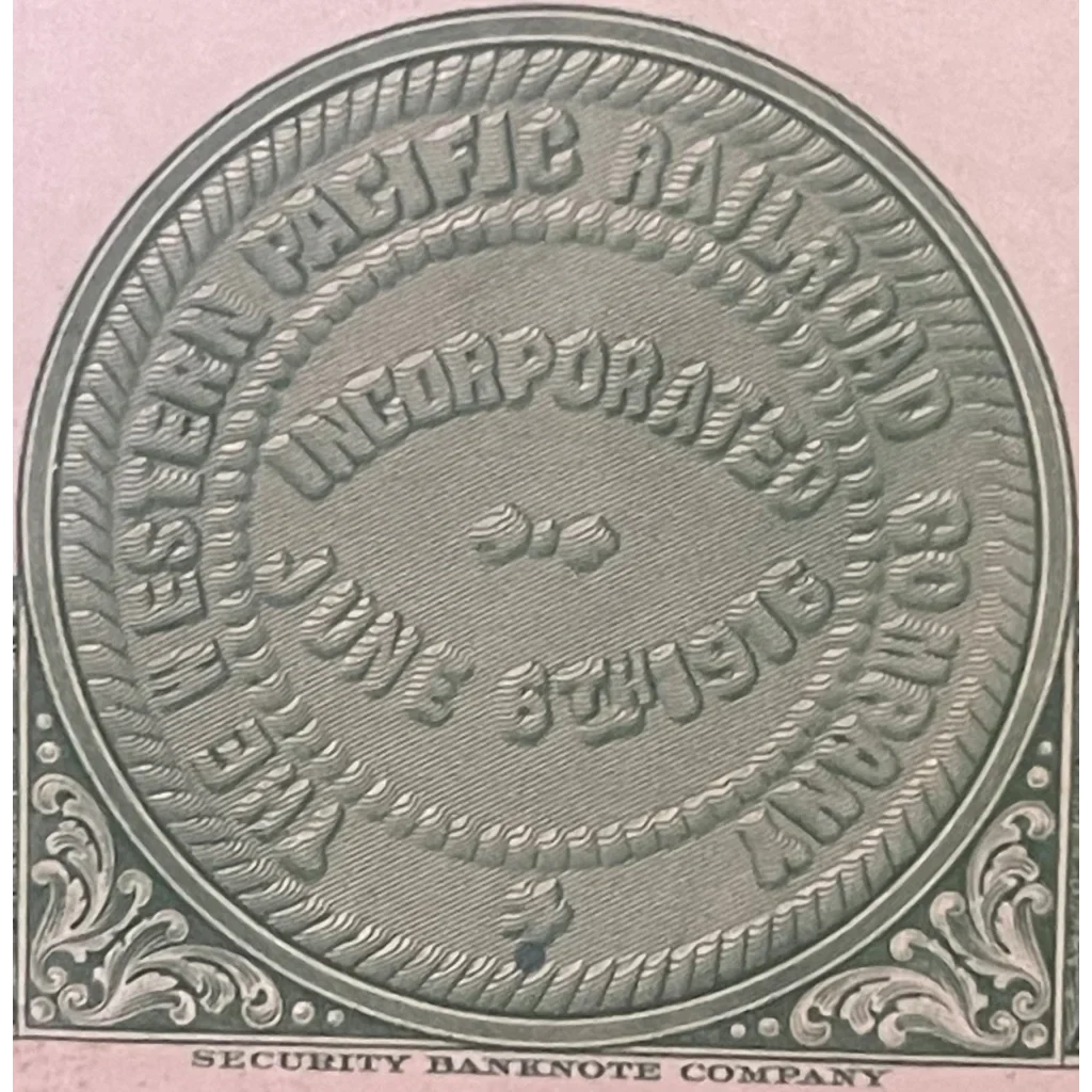 Circular metallic seal with engraved text on Rare 1945 Western Pacific Railroad Bond Certificate