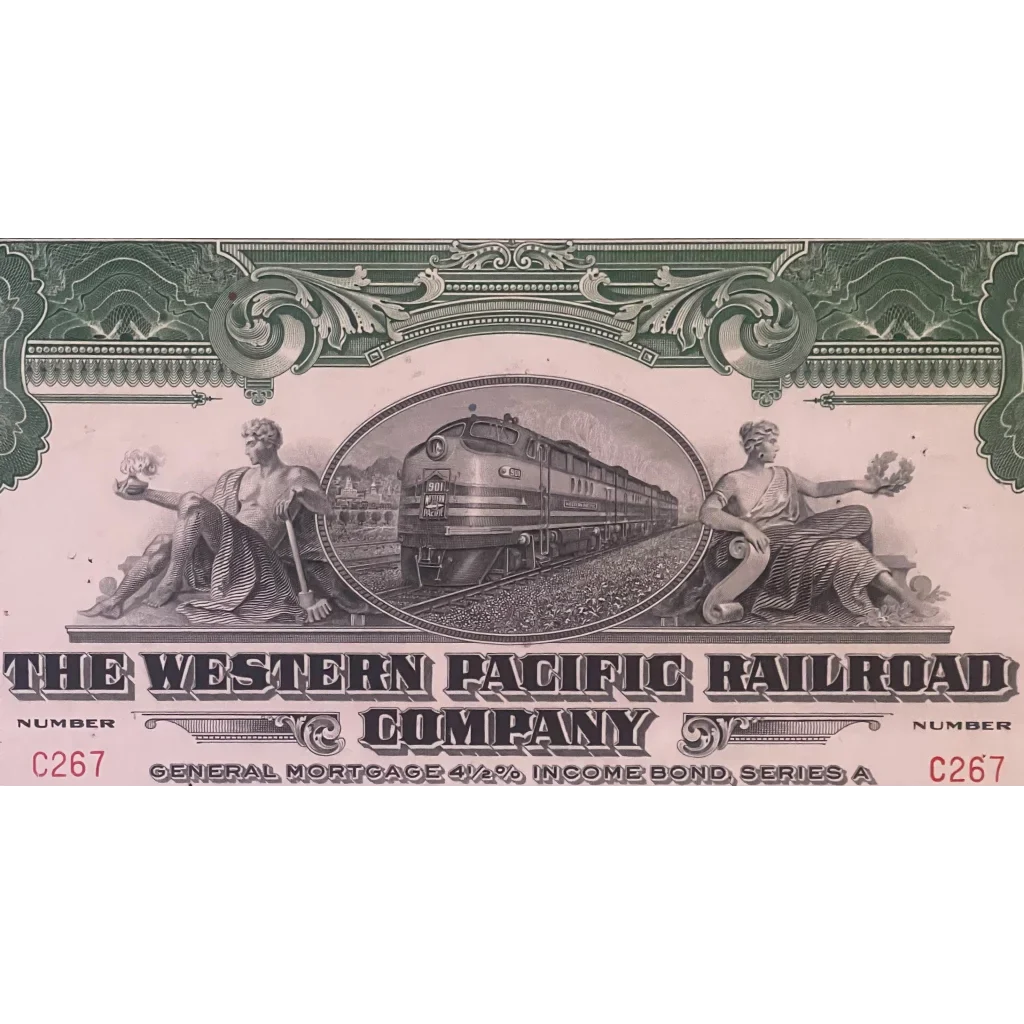 Ornate bond certificate of Western Pacific Railroad with train vignette design