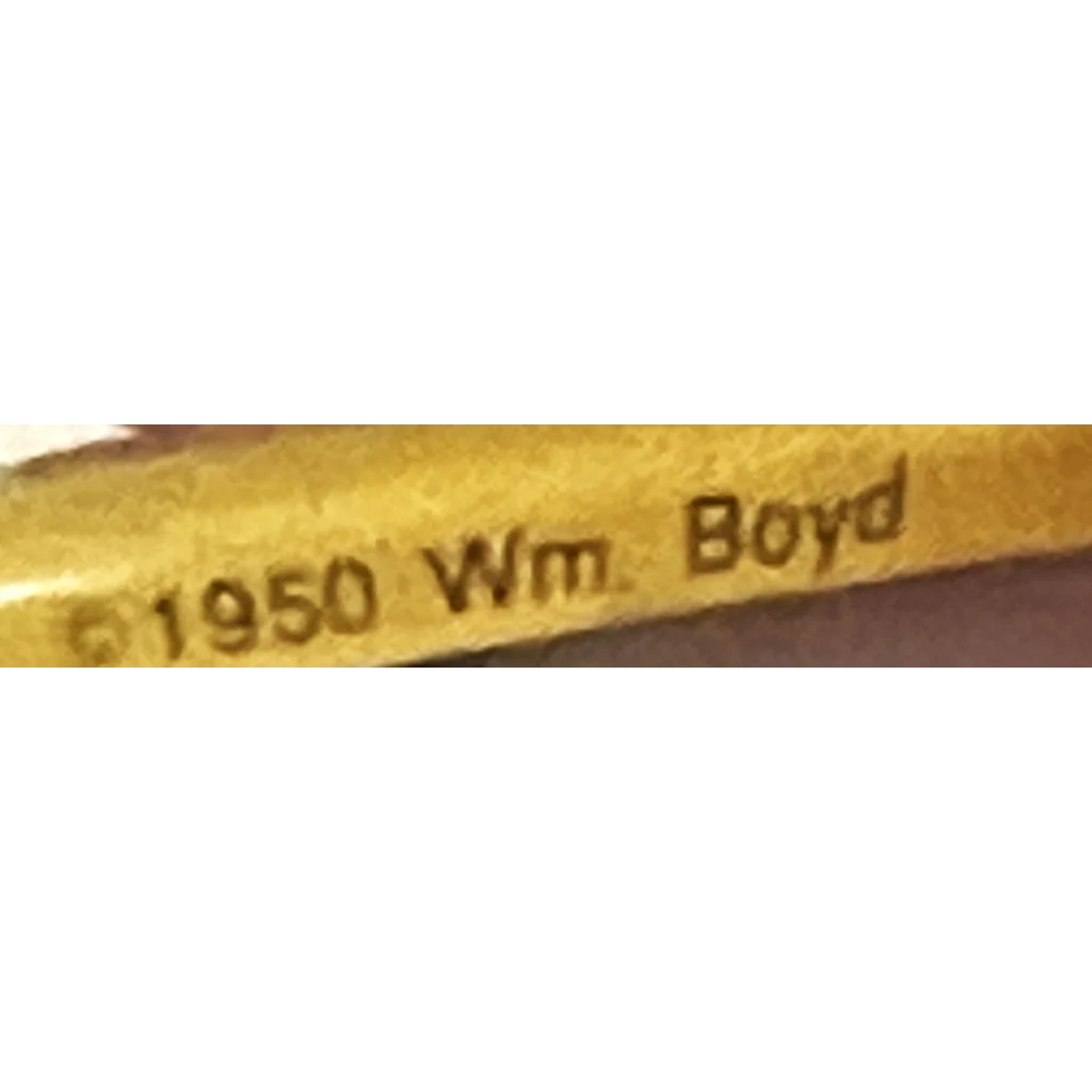 Engraved 1950 Wm Boyd text on a gold surface of Rare Hopalong Cassidy Pin