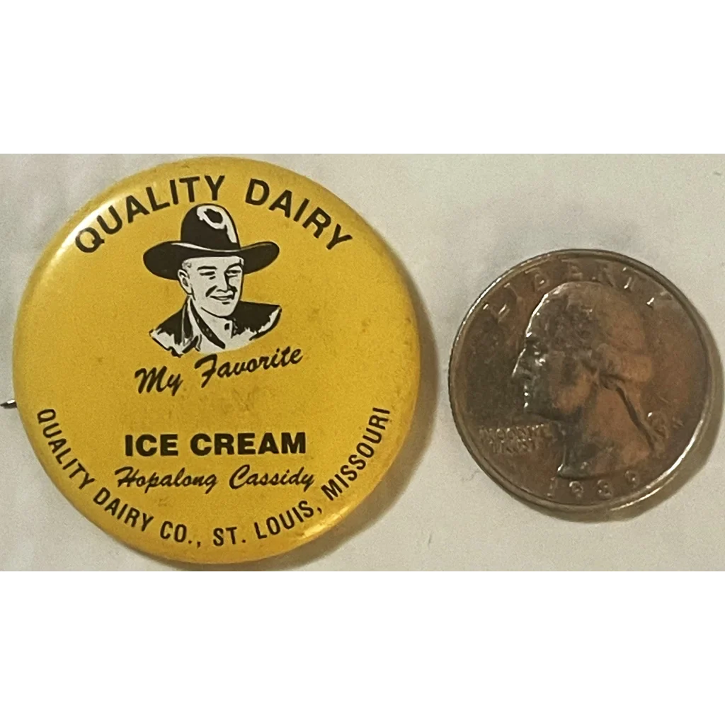 Vintage yellow Hopalong Cassidy pin from Quality Dairy featuring a cowboy character