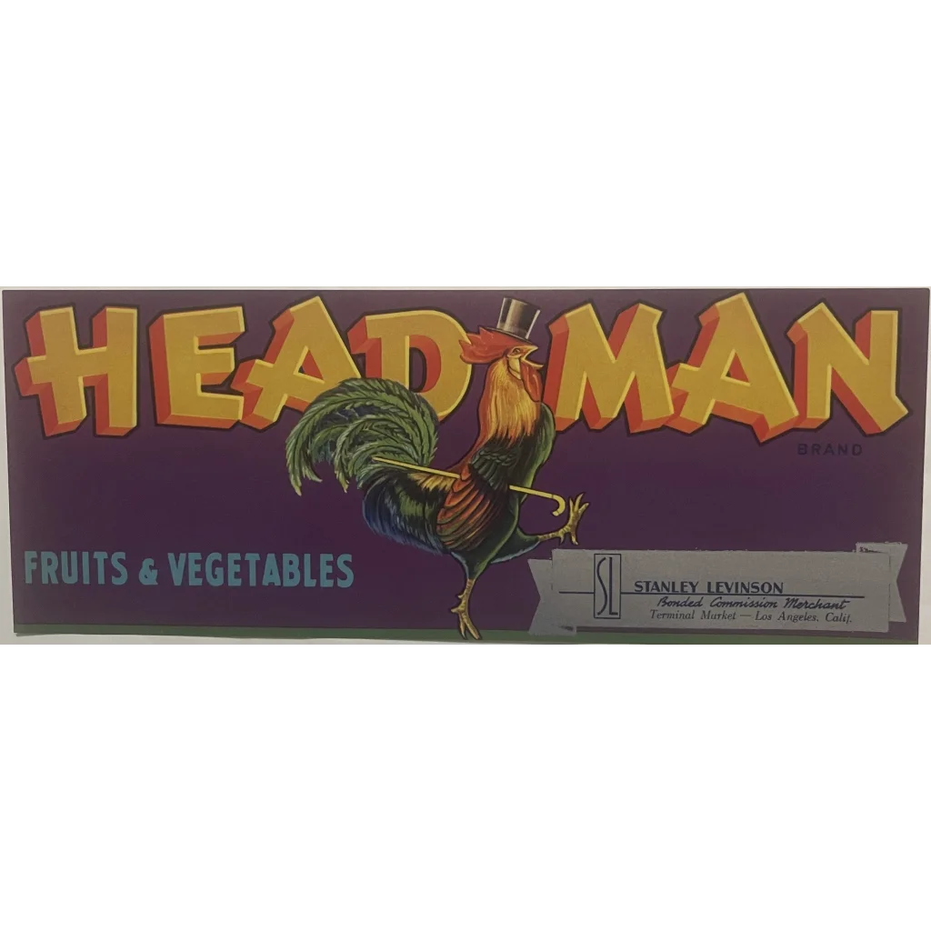 Antique Vintage 1950s 🐓 Head Man Crate Label Los Angeles CA Strutting Rooster! Advertisements Food and Home Misc.
