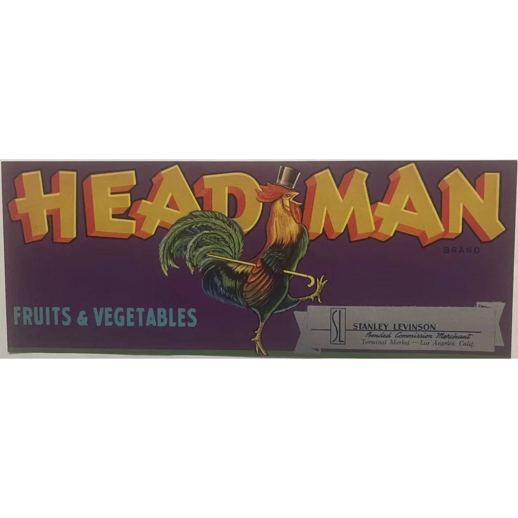 Antique Vintage 1950s 🐓 Head Man Crate Label Los Angeles CA Strutting Rooster! Advertisements Rare | Rooster