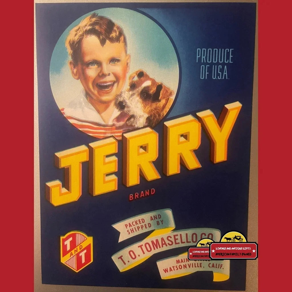 Vintage Jerry crate label showing a smiling boy and dog, perfect for collectors