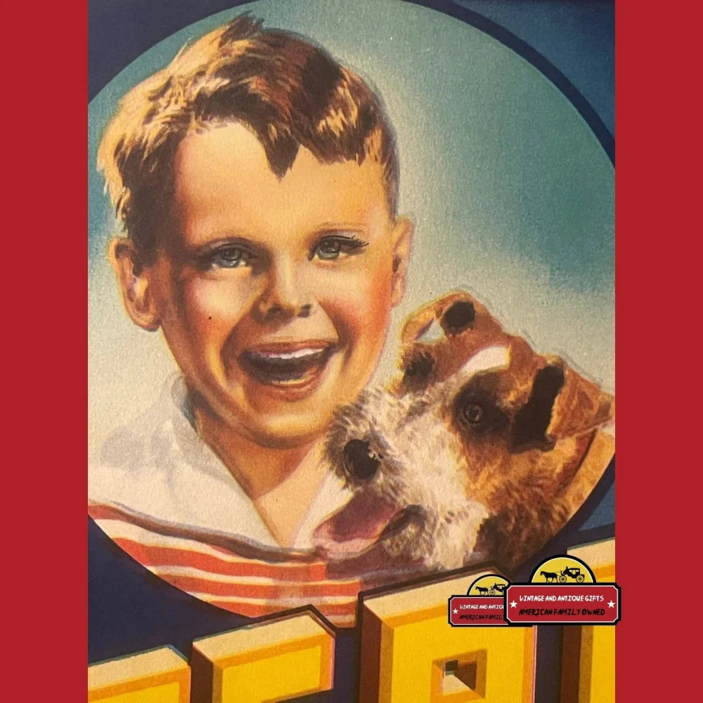 Vintage Jerry Crate Label featuring a smiling child with a dog from California Fruit Company