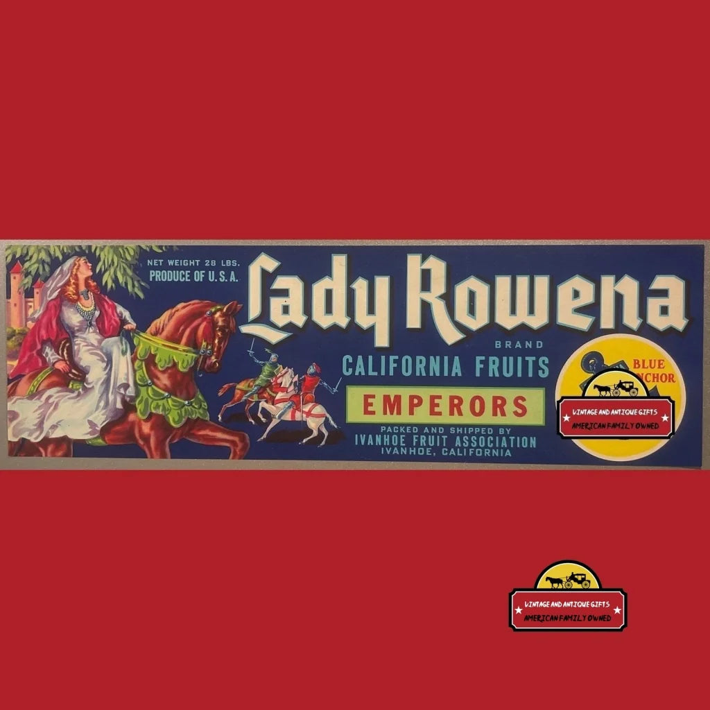 Antique Vintage 1950s Lady Rowena Crate Label Ivanhoe CA Knights Duel Medieval Advertisements Food and Home Misc.