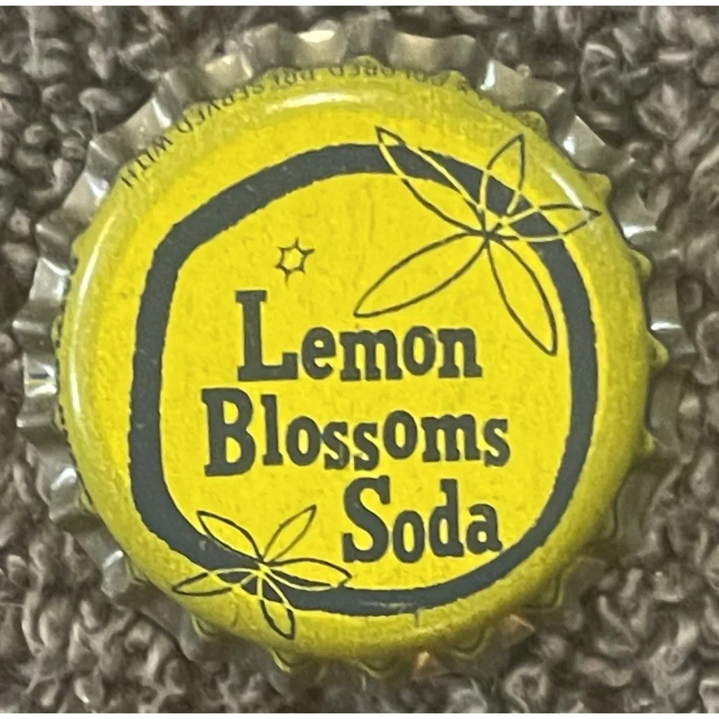 Bright yellow cork bottle cap for Antique Vintage Lemon Blossoms Soda with cute flower design