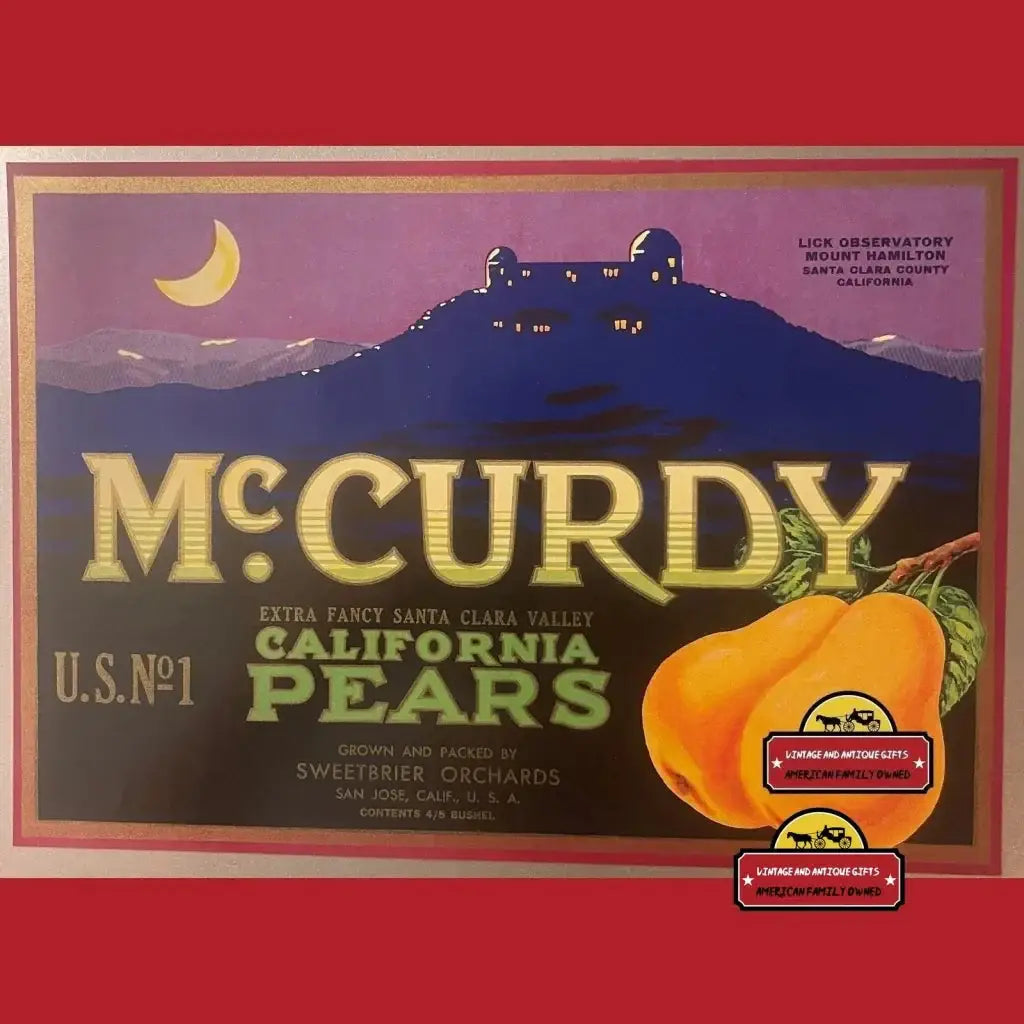 Vintage McCurdy California pears box crate label for collectors