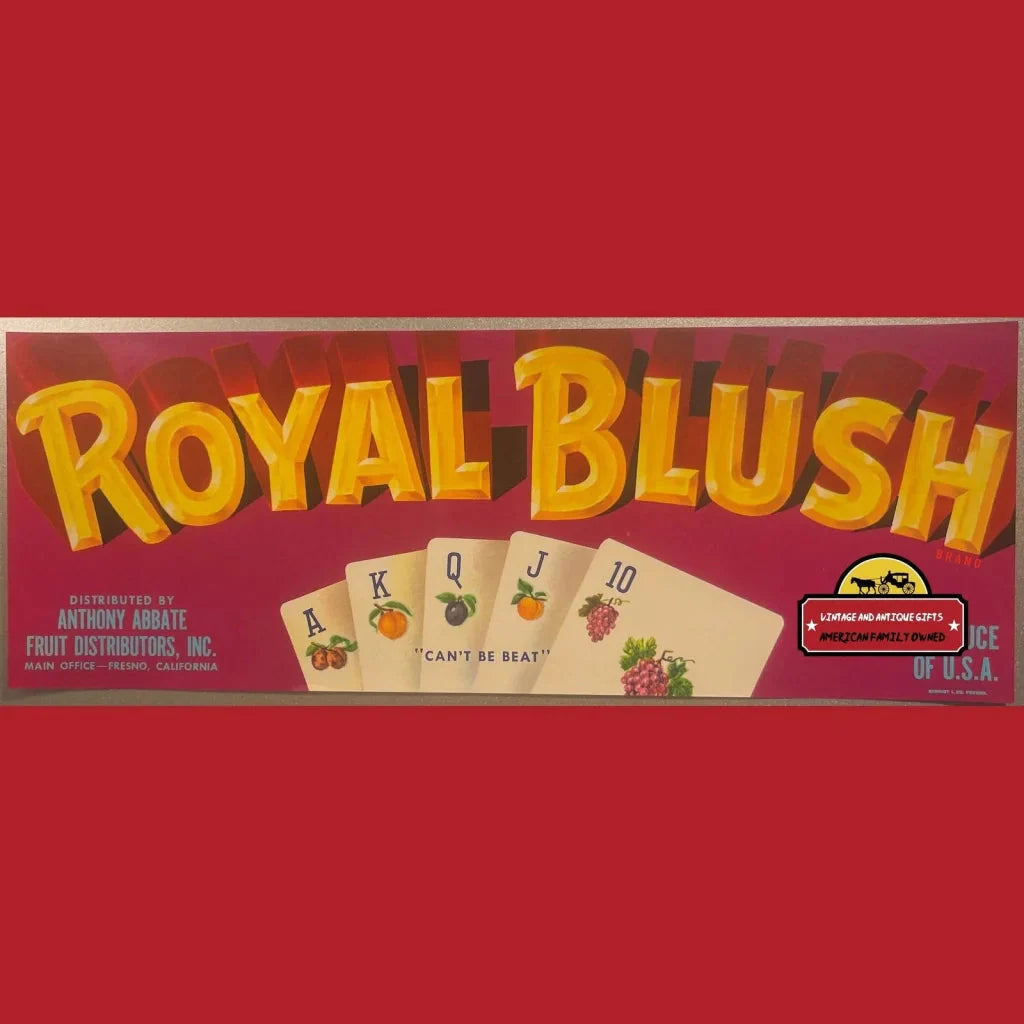 Antique Vintage 1950s Royal Blush Flush Crate Label Fresno Ca Poker Advertisements Rare - Collectible