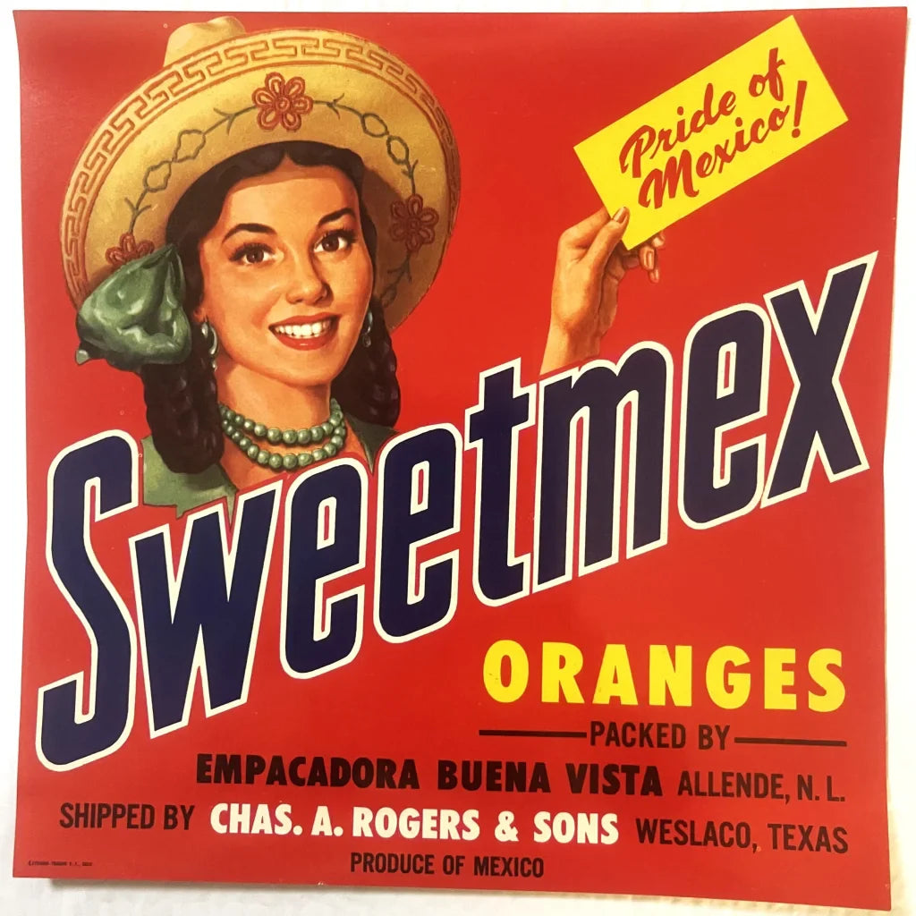Antique Vintage 1950s Sweetmex 🍊 Crate Label Weslaco TX Pride of Mexico! Advertisements Rare Label: Vibrant Texan