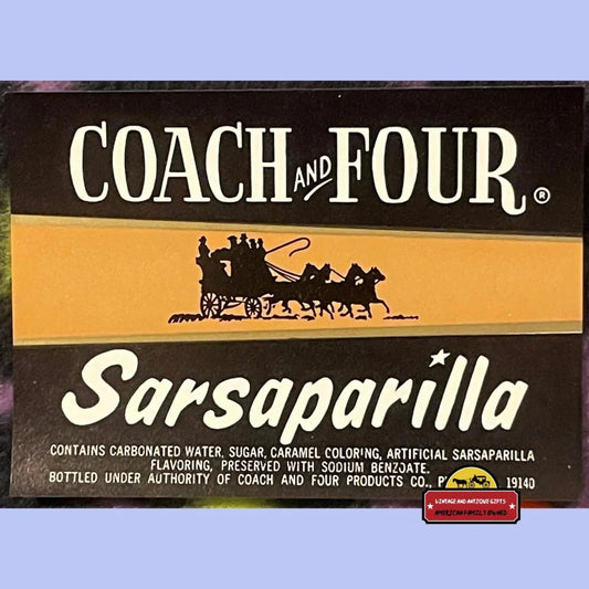 Vintage Coach and Four Sarsaparilla soda label from the 1960s, perfect for collectors