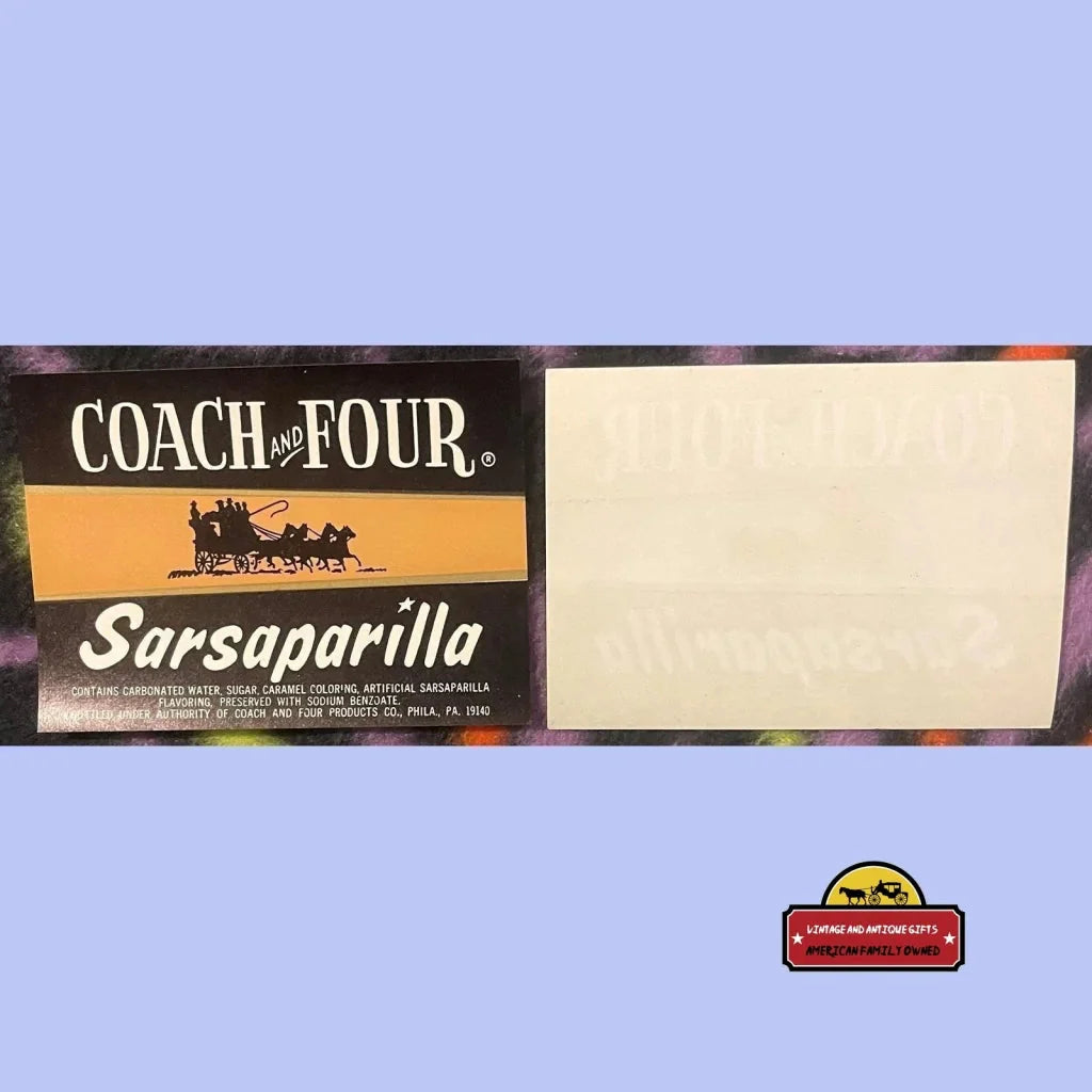 Vintage label for Coach and Four sarsaparilla soda from 1960s Philly, a rare antique find