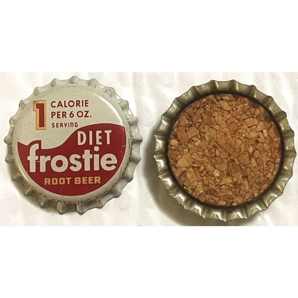 Vintage Frostie Root Beer bottle cap collectible showing top and underside views