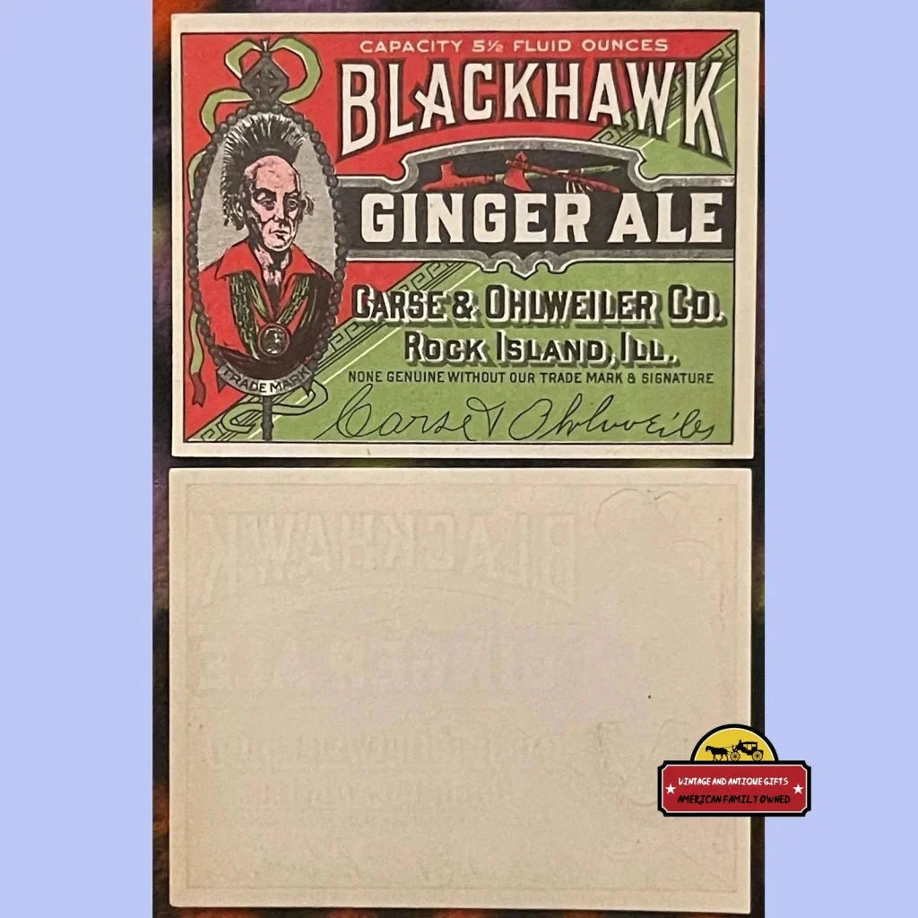 Antique Vintage Blackhawk Ginger Ale Label Carse & Ohlweilwer Rock Island Il 1920s Advertisements Rare - IL - Perfect