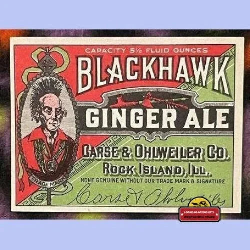 Antique Vintage Blackhawk Ginger Ale Label Carse & Ohlweilwer Rock Island Il 1920s Advertisements Rare - IL - Perfect