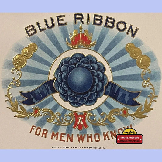 Antique Vintage Blue Ribbon Large Embossed Cigar Label For Men Who Know 1900s - 1920s Advertisements 1900s-1920s