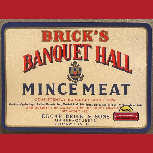 Antique Vintage Brick’s Banquet Hall Mince Meat Label 5 Lbs 1910s - 1930s Advertisements Food and Home Misc.