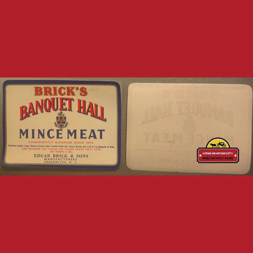 Antique Vintage Brick’s Banquet Hall Mince Meat Label 5 Lbs 1910s - 1930s - Advertisements - Food And Home Misc. Labels.