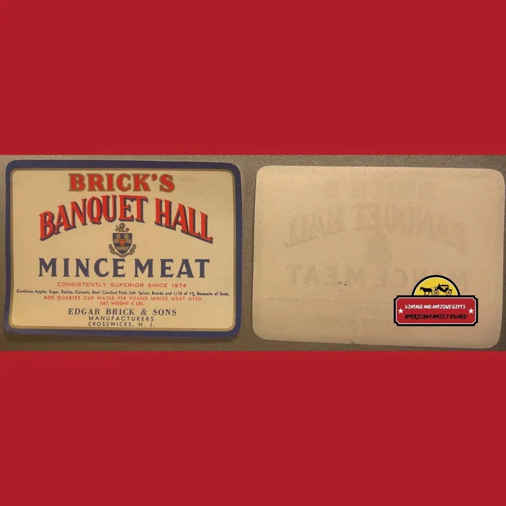 Antique vintage Brick’s Banquet Hall mince meat label from the early 20th century