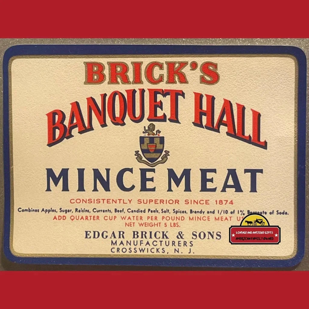 Antique vintage mince meat label for Brick’s Banquet Hall from early 20th century