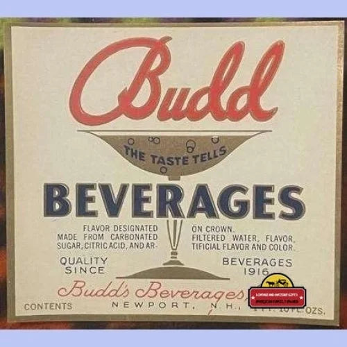 Antique Vintage Budd Beverages Label Newport Nh 1920s Highly Collectible! Advertisements and Soda Labels Rare