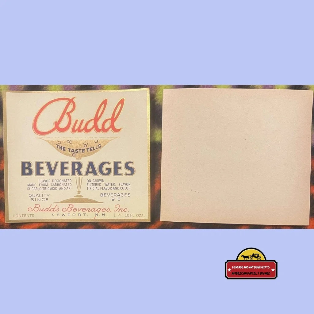 Antique Vintage Budd Beverages Label Newport Nh 1920s Highly Collectible! Advertisements and Soda Labels Rare