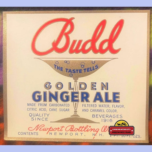 Antique Vintage Budd Ginger Ale Label Newport NH 1920s Highly Collectible! Advertisements and Gifts Home page Rare