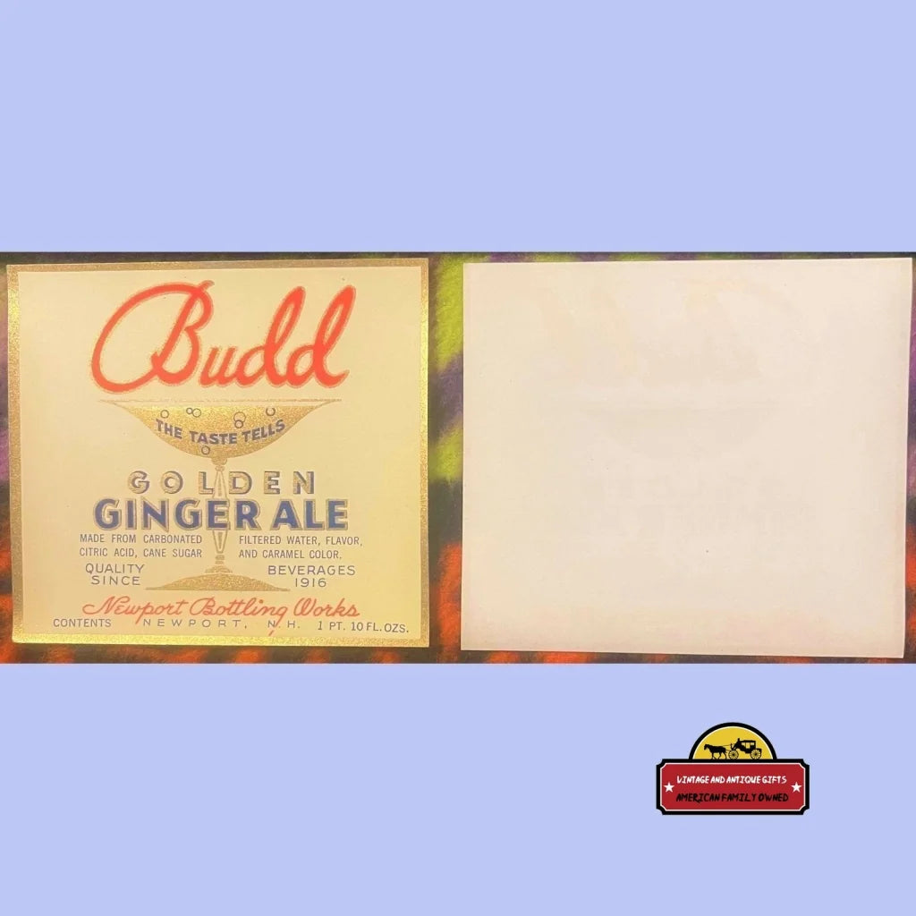 Antique Vintage Budd Ginger Ale Label Newport Nh 1920s Highly Collectible! - Advertisements - Soda And Beverage