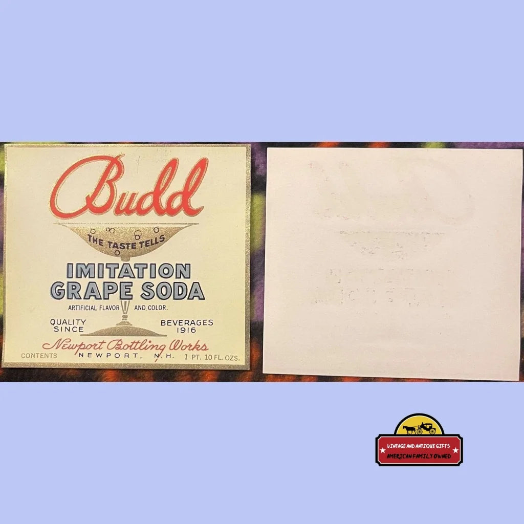 Antique Vintage Budd Imitation Grape Soda Label Newport Nh 1920s Highly Collectible! Advertisements and Labels NH