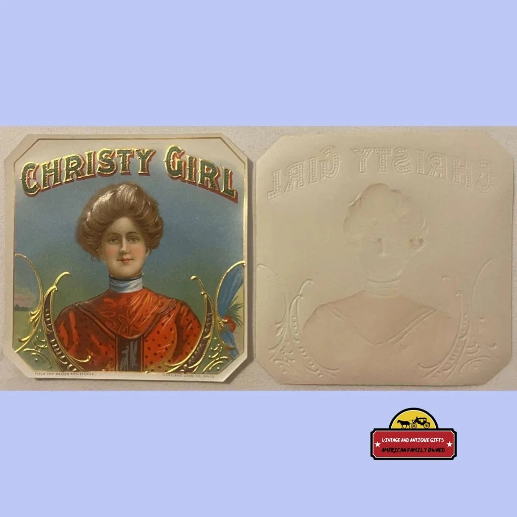 Vintage cigar label featuring Christy Girl in Victorian attire, a rare embossed antique find