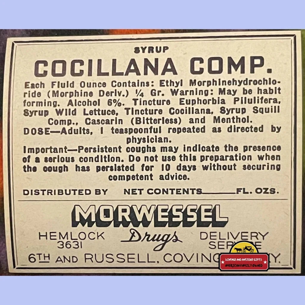 Vintage Cogillana Comp. morphine pharmacy label for collectors of rare items