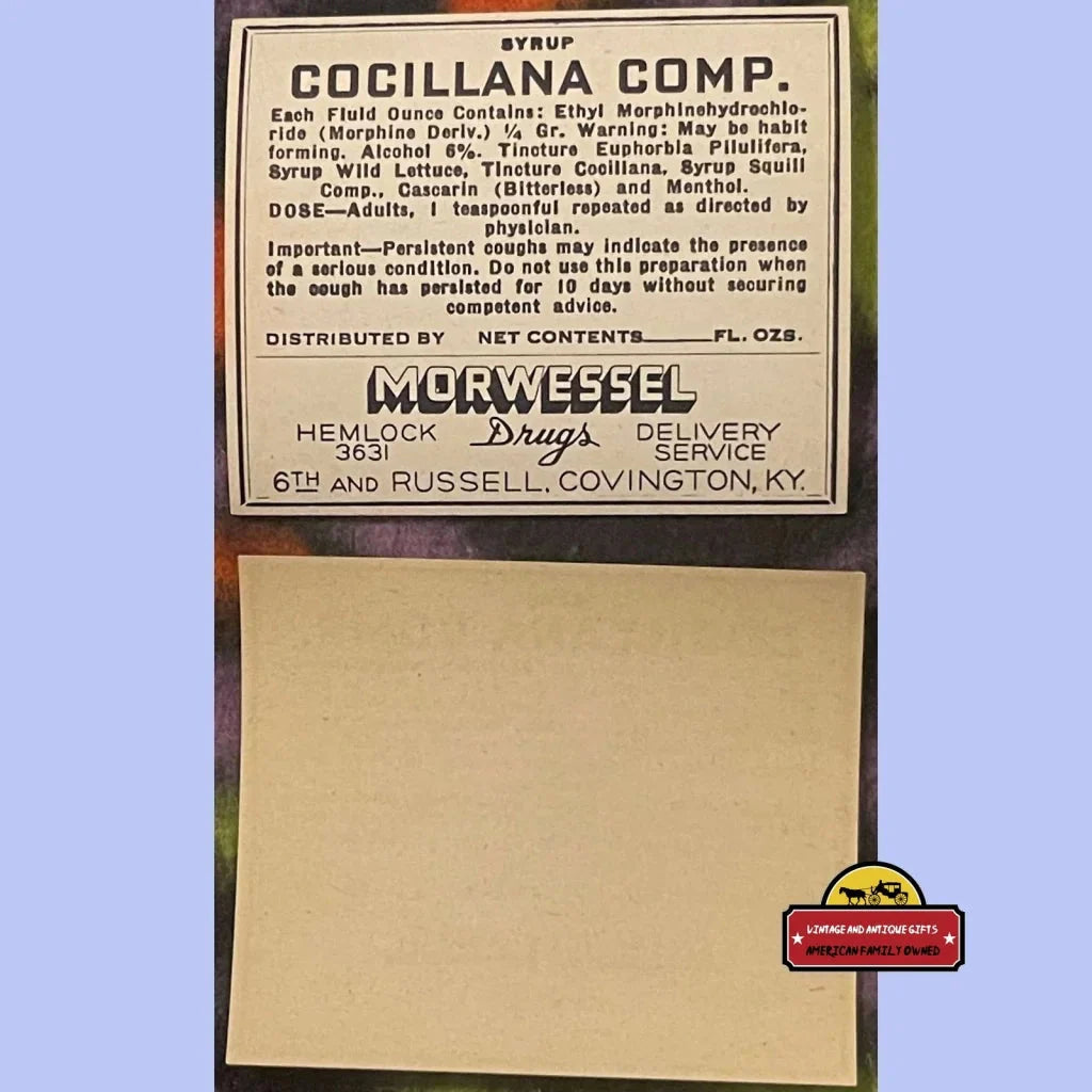 Vintage Cocillana Comp Pharmacy Label for Rare Morphine Pharmacy Collectors Dream