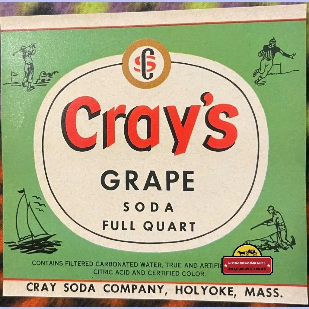 Vintage Cray’s grape soda quart bottle label in green