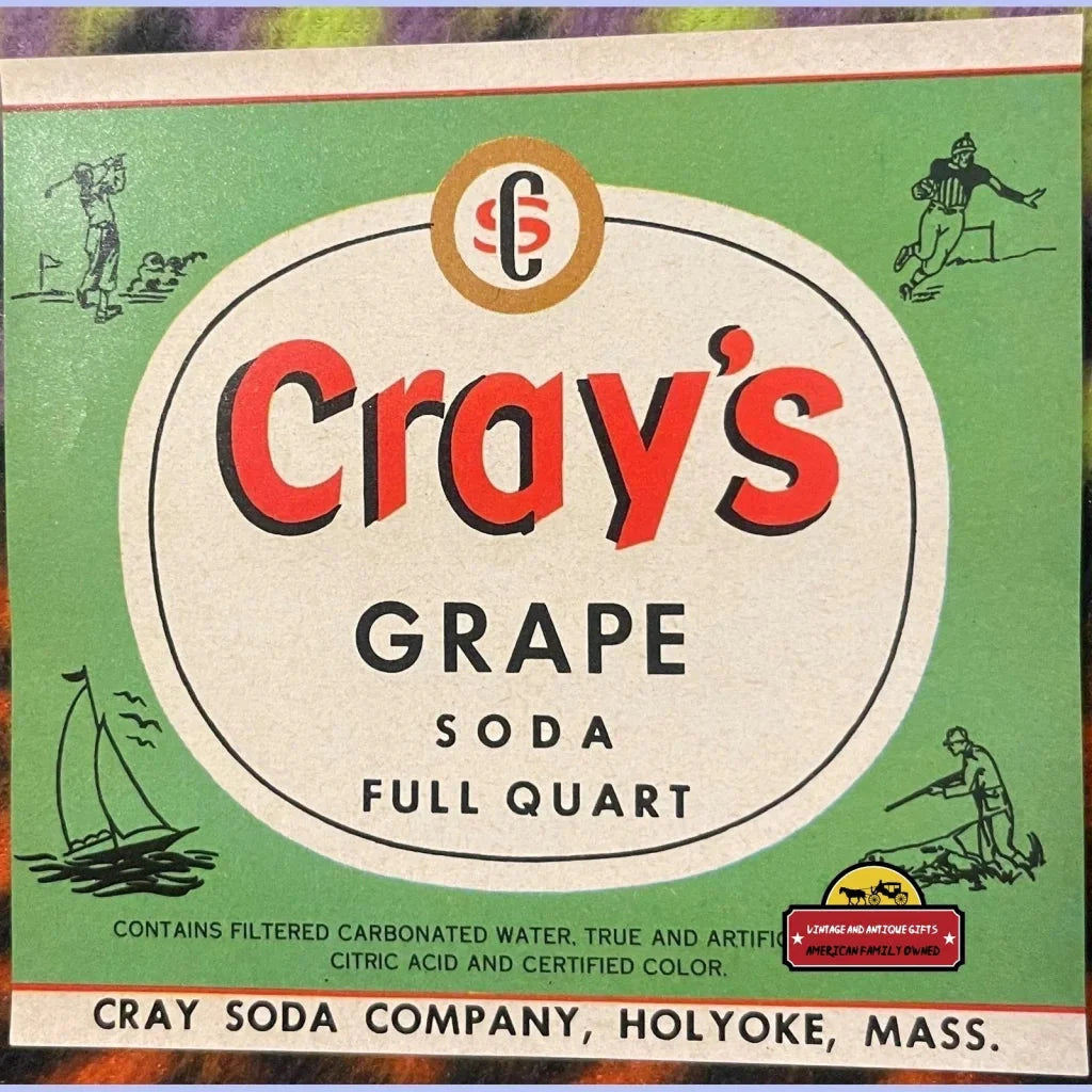 Vintage Cray’s Grape Soda label with red text and sports illustrations