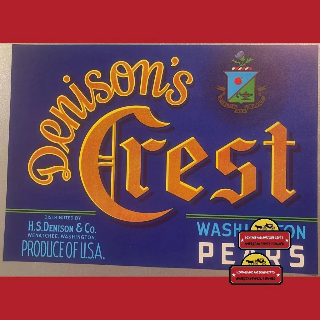 Vintage Denison’s Crest crate label featuring Washington pears from the 1940s