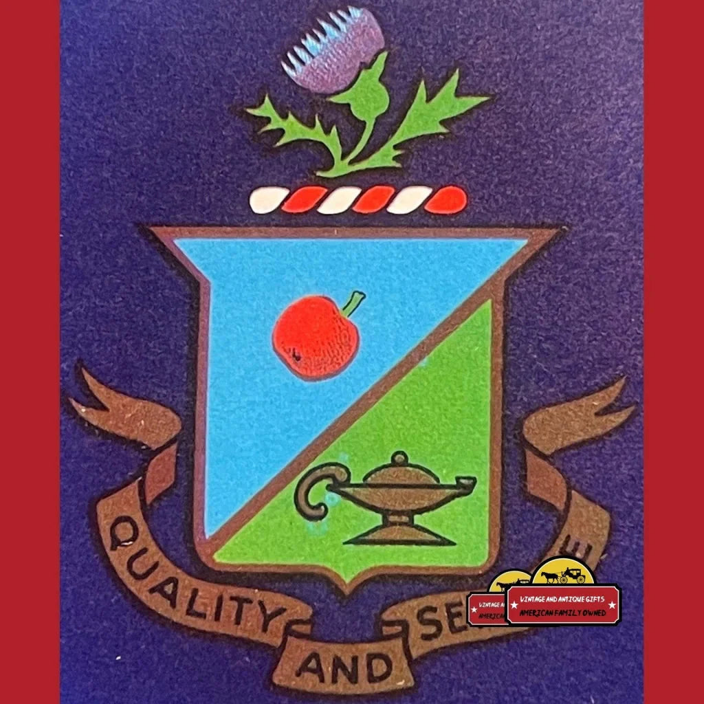 Colorful 1940s Denison’s Crest Crate Label with thistle, apple, and lamp symbols