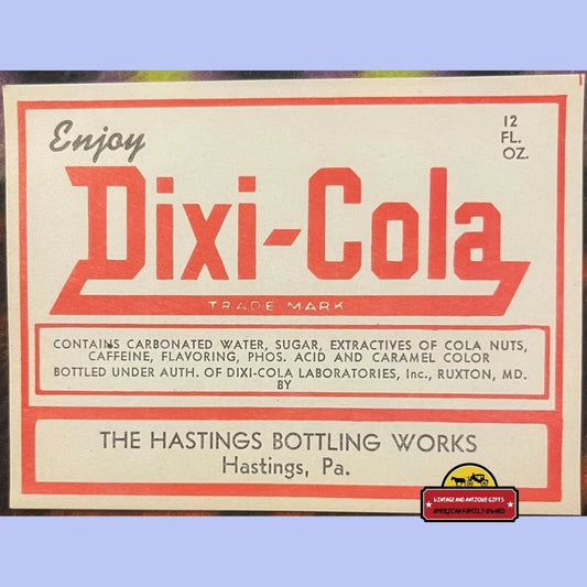 Antique Vintage Dixi-cola Label Hastings Pa 1930s Advertisements and Gifts Home page Dixi-Cola from PA: